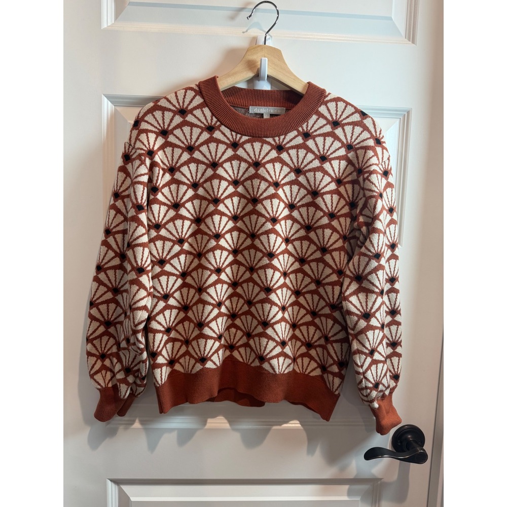 Daniel Rainn Womens Rust Orange Geometric Fan Jacquard Crewneck Sweater Small